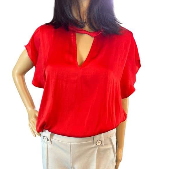 Worthington Keyhole Neck Flutter Sleeve‎ Satin Blouse in Red Size XXL NWT - Picture 3 of 7